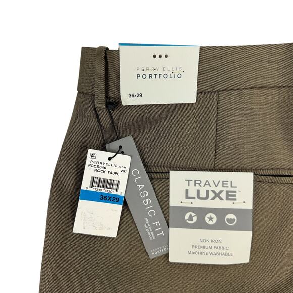Perry Ellis Mens Classic Fit Flat Front Sharkskin Dress Pants Rock Taupe 36x29 - Picture 3 of 4